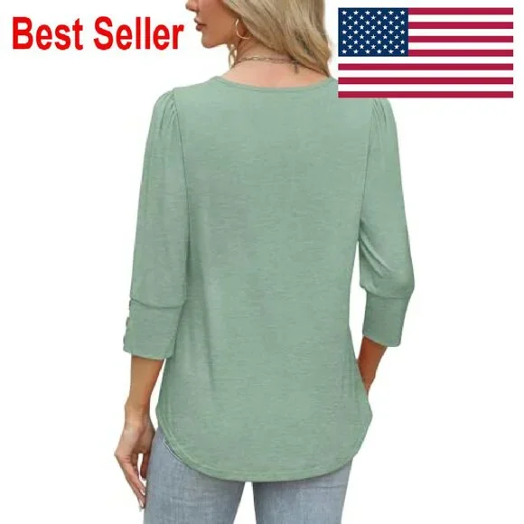 3/4 Sleeve Button Blouse Elegant Chic Casual Work Wear Flowy Fit - Picture 6 of 8